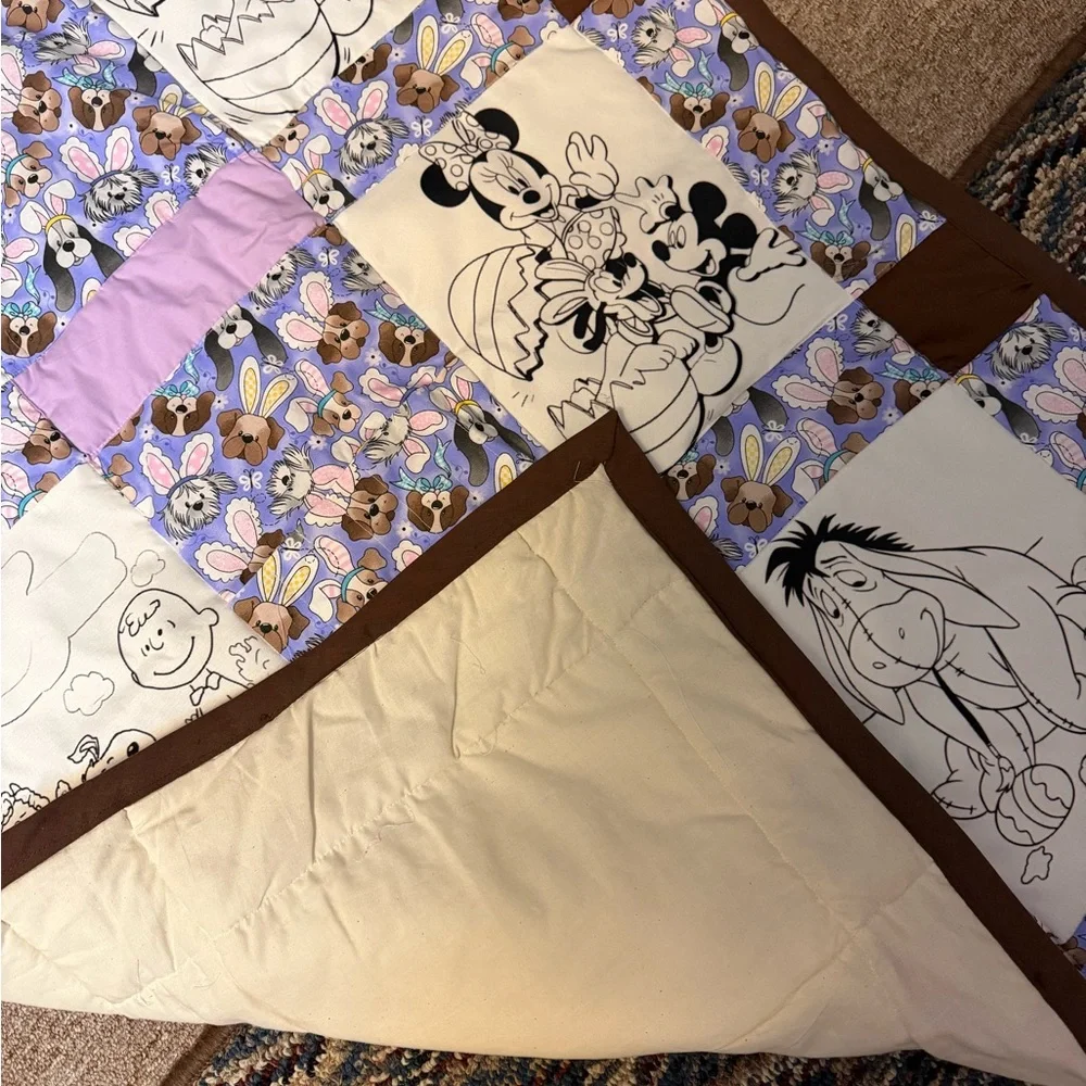 Handmade Disney Character Patchwork Coloring Quilt - Purple, Brown, Cream